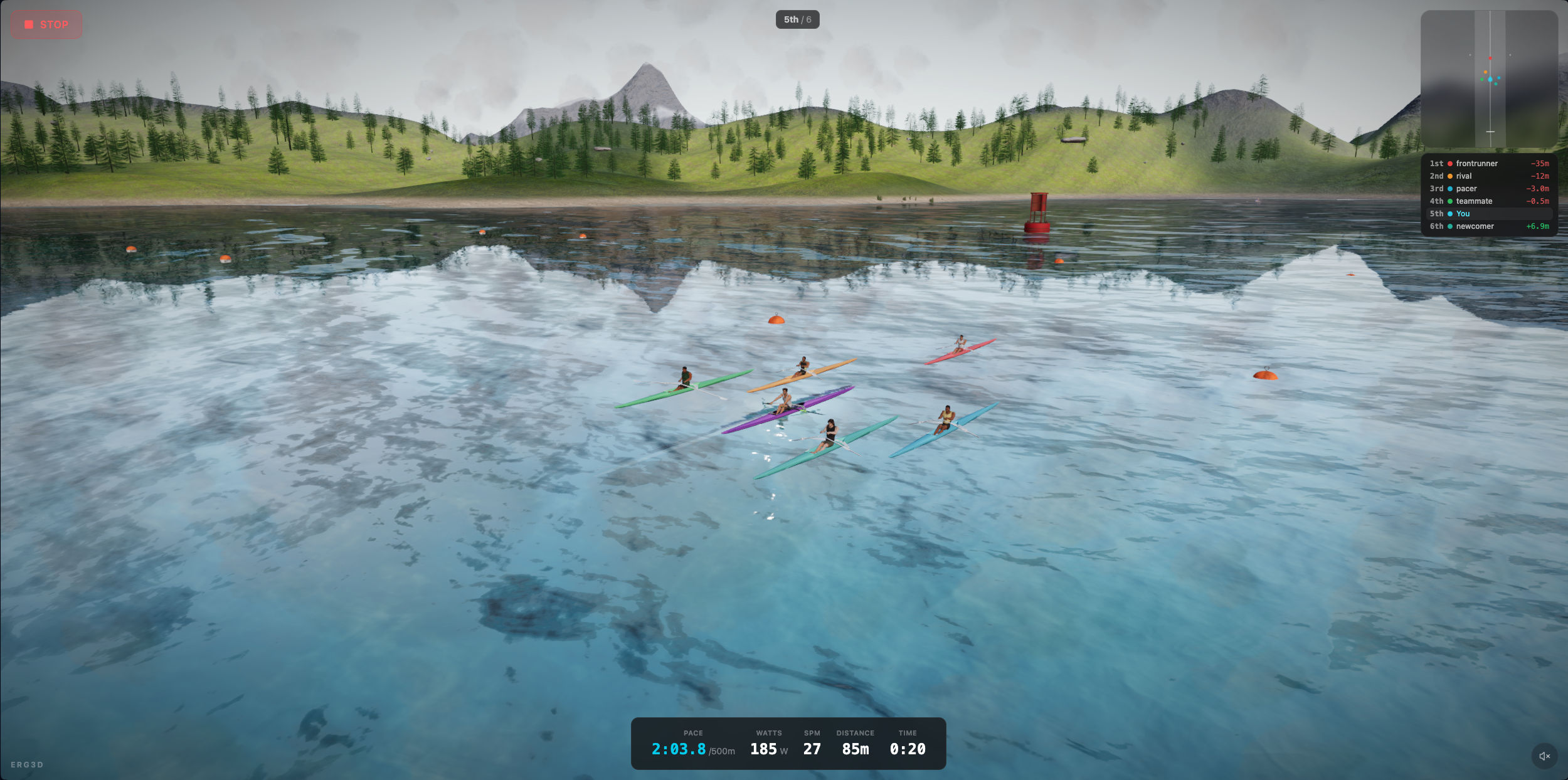 Kayak fleet racing head-to-head on a mountain lake