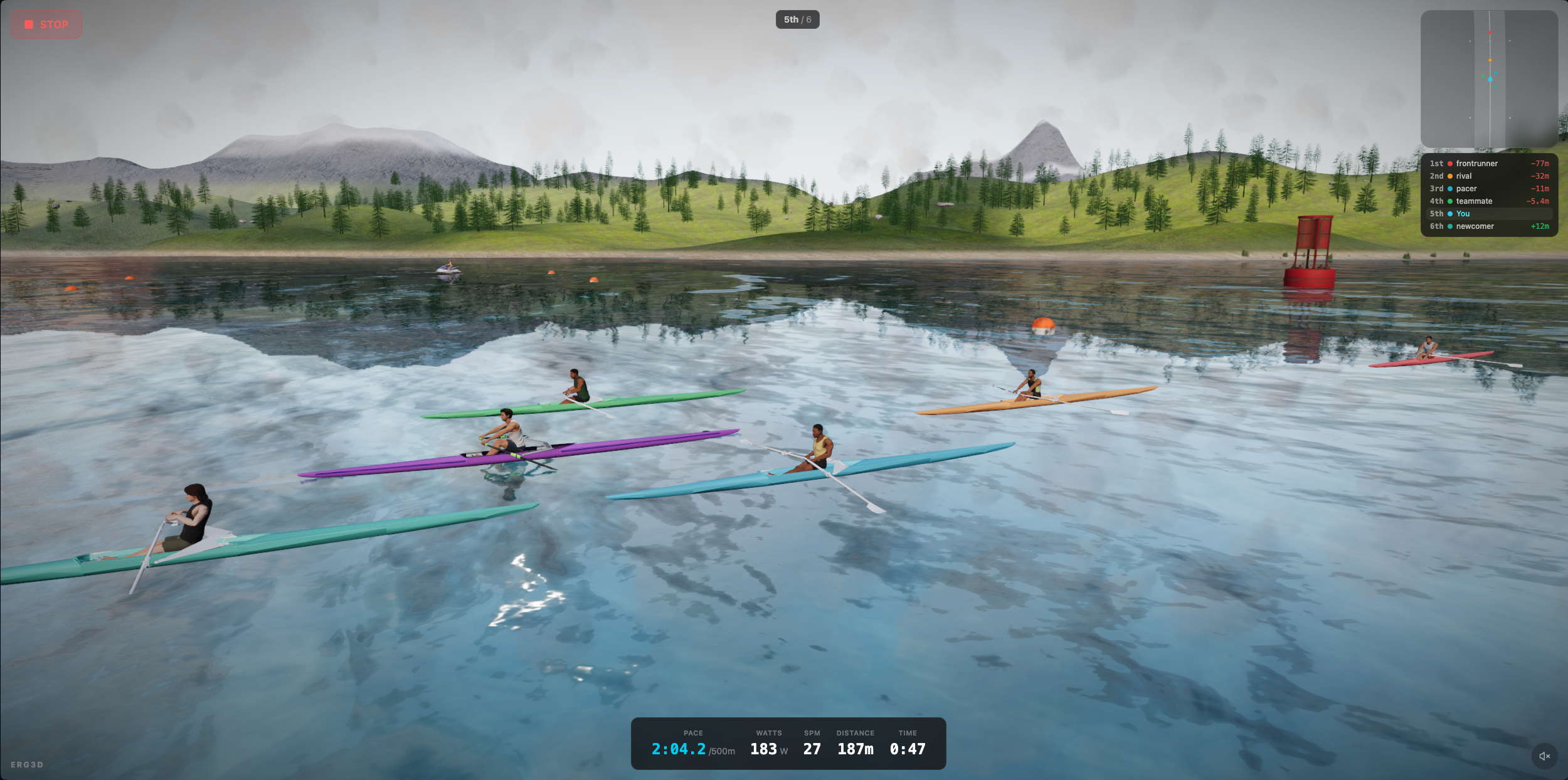 Rowers close-up on a lake with mountain backdrop