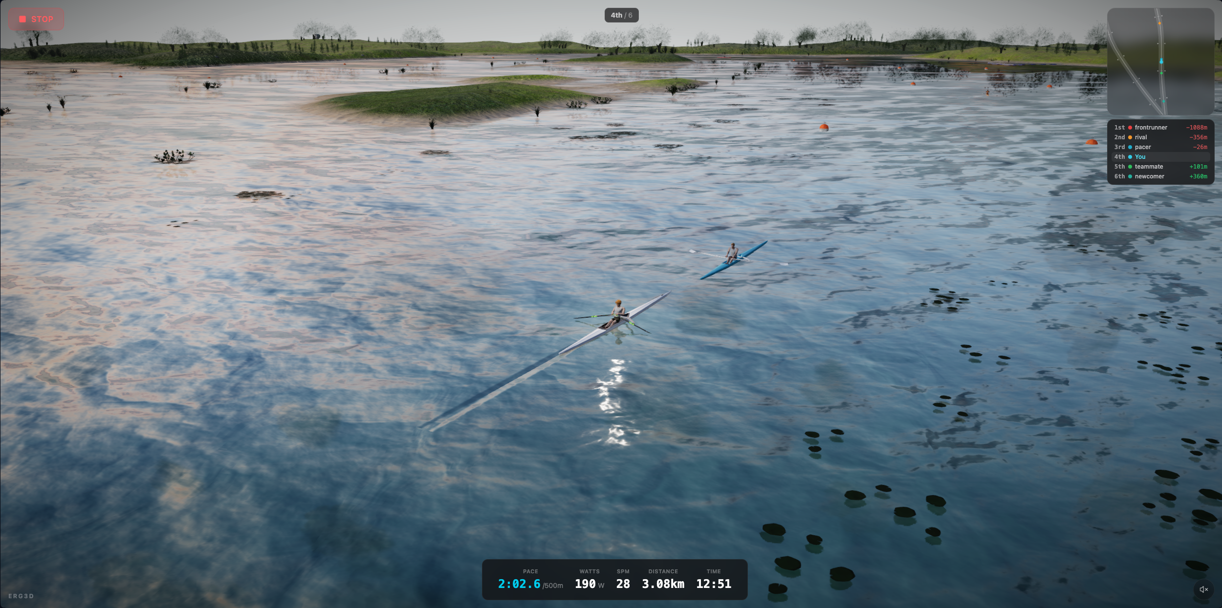 Single sculler rowing on a wide marshland river in Erg3D