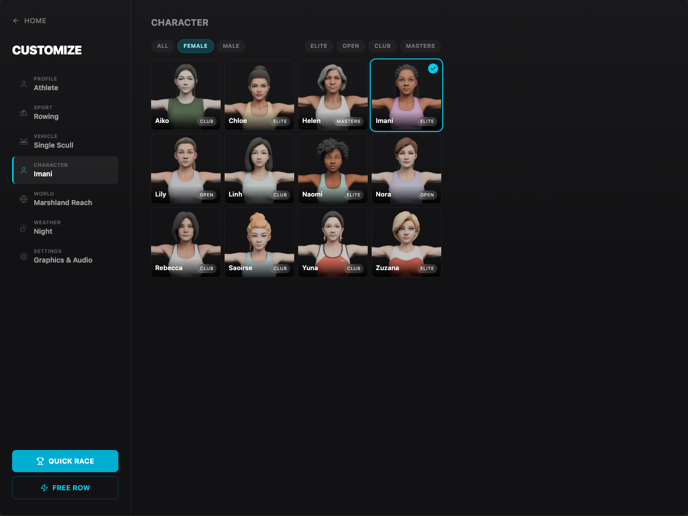 Erg3D character selection menu