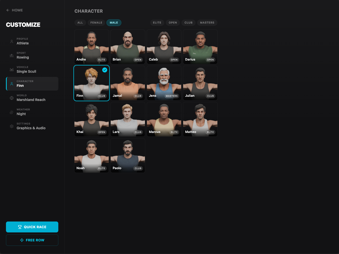Customize menu showing male athlete options