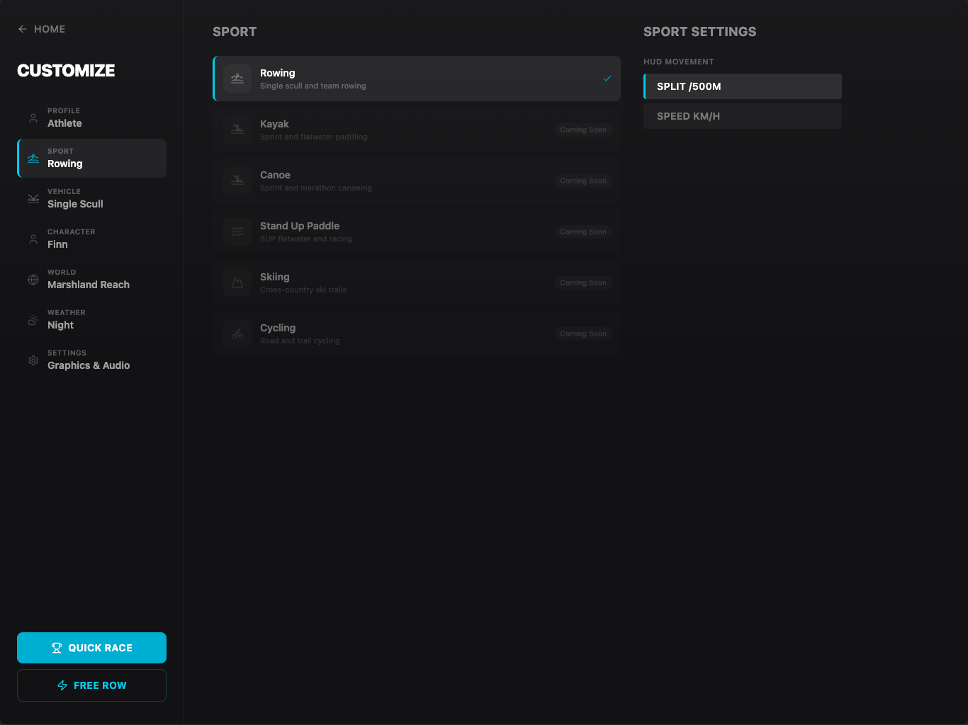 Customize menu showing sport selection