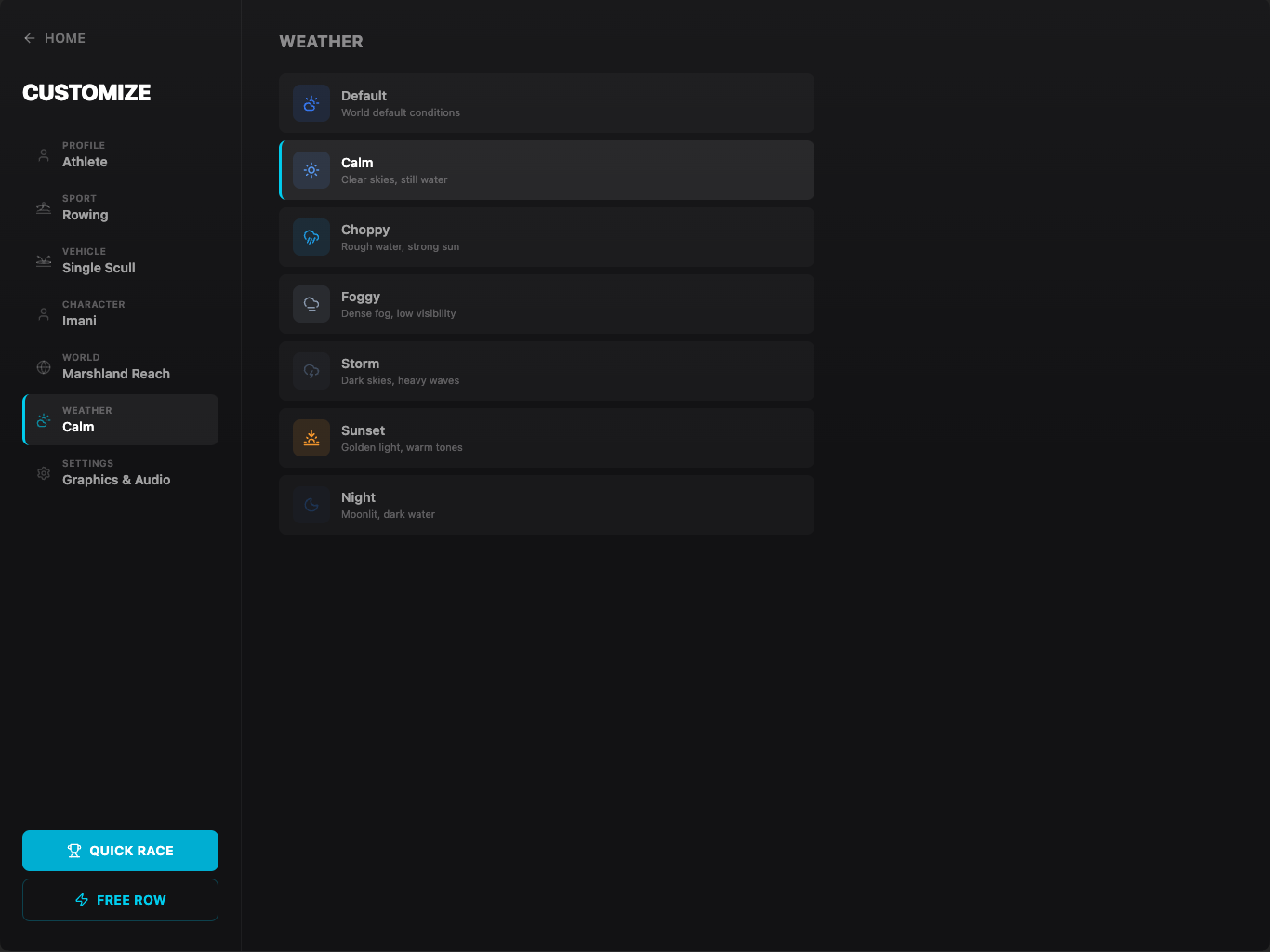 Customize menu showing weather options