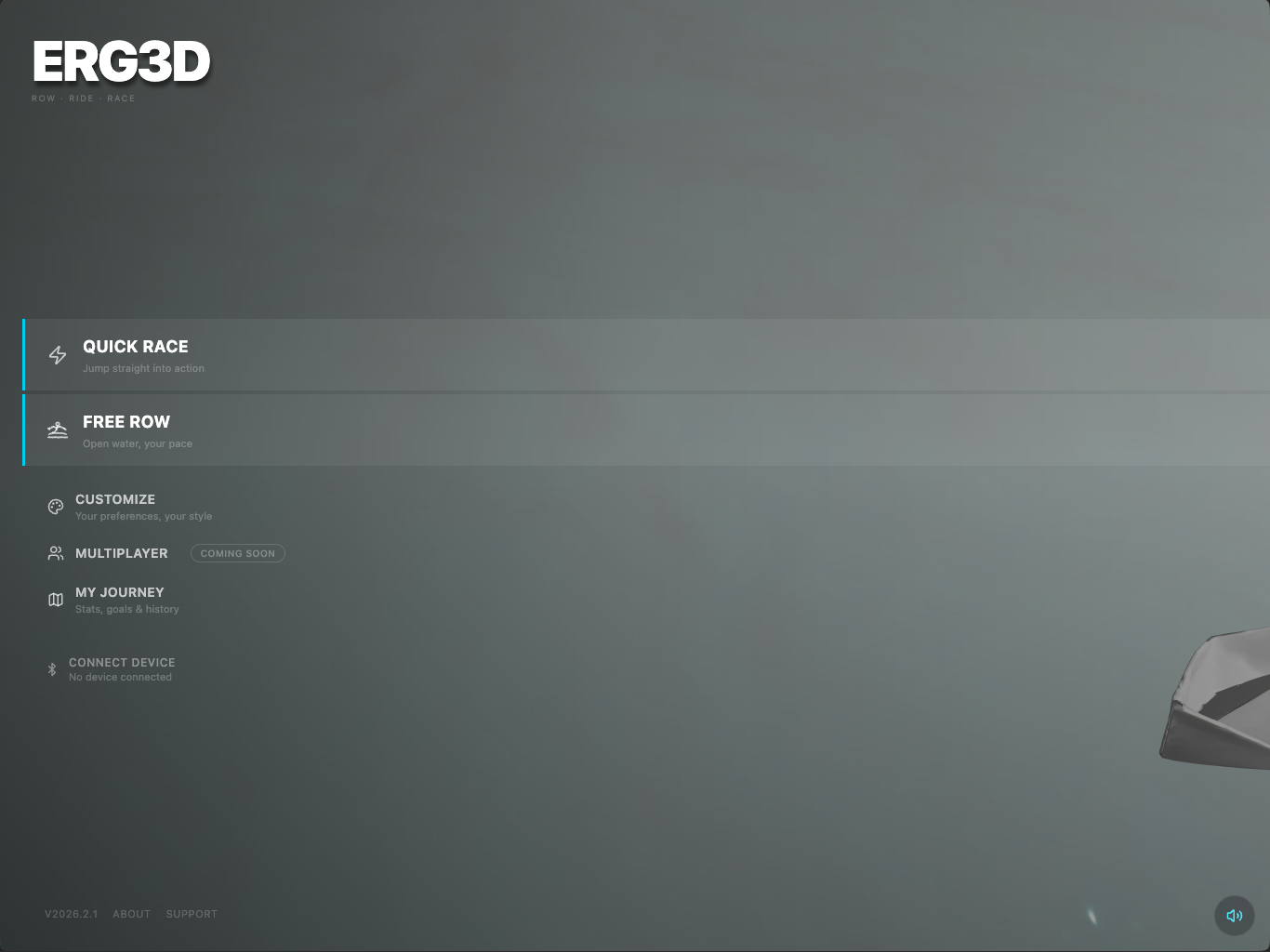 Erg3D main menu — Quick Race, Free Row, Customize, Multiplayer