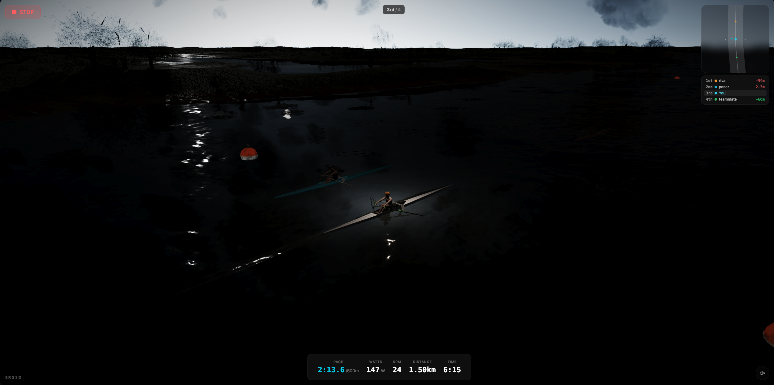 Night-time single sculler on dark water